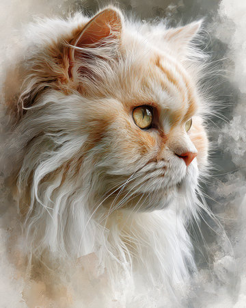 Captivating close-up of a fluffy cream cat with golden eyes, featuring exquisite fur detail. The serene expression and soft background evoke a sense of calm and beauty.の素材