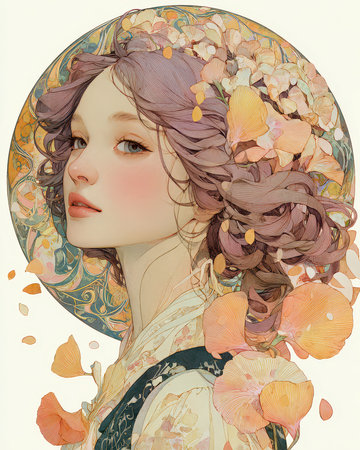 This stunning illustration showcases a graceful woman with enchanting features, surrounded by soft floral elements in pastel hues, evoking a serene and artistic ambiance.の素材