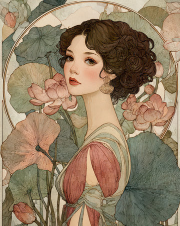 A graceful portrait of a woman with intricate details, featuring beautiful lotus flowers and leaves in soft hues. The artwork exudes serenity and elegance.の素材