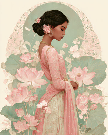 A graceful woman in traditional attire stands amidst blooming flowers, showcasing elegance and beauty. Soft colors and serene expression inspire tranquility.の素材