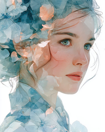 A captivating portrait of a young woman enhanced by delicate floral elements, showcasing beauty and serenity through a soft watercolor style. Perfect for artistic themes.の素材