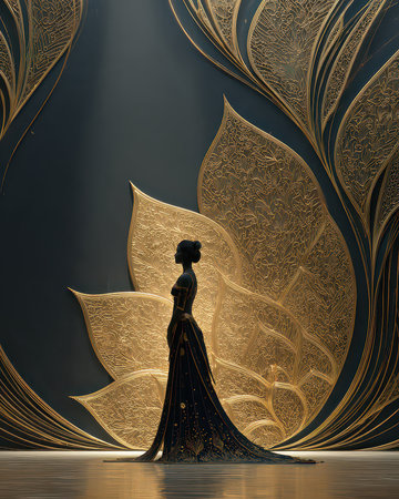 An elegant silhouette of a woman stands against a striking golden leaf backdrop, showcasing beauty and style in a modern artistic environment.の素材