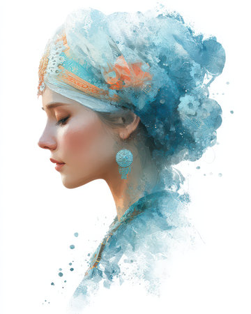 This artistic portrait showcases the profile of a serene woman adorned with a delicate blue and white headpiece, embodying elegance and beauty.の素材