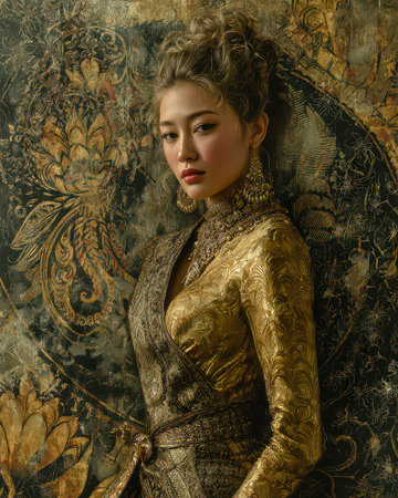 An elegant woman poses gracefully in a stunning gold dress, surrounded by an intricate and vintage-inspired background, highlighting beauty and style.の素材