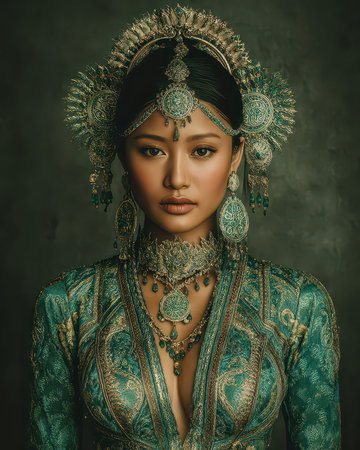 A striking portrait of an elegant Asian woman adorned in a traditional costume. Her intricate jewelry and detailed headdress showcase cultural beauty and artistic expression.の素材