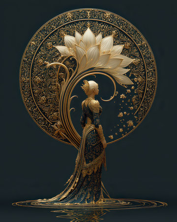 This stunning artwork features an elegant woman in an intricate, gold-embellished gown, surrounded by detailed floral patterns, embodying grace and beauty.の素材