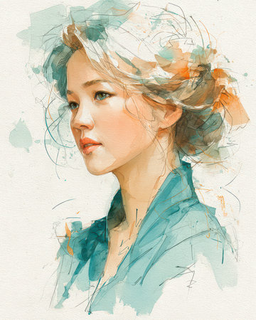 This artistic watercolor portrait captures the beauty and elegance of a young woman, showcasing soft colors and serene expressions, perfect for creative projects.の素材