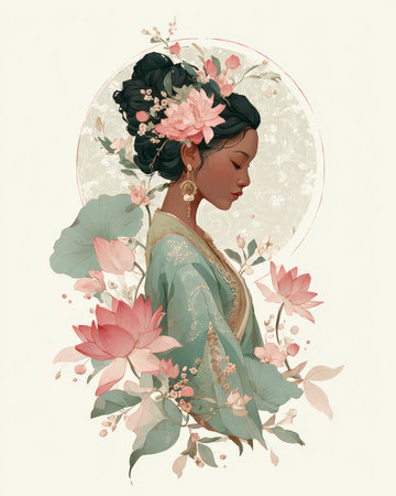 A serene portrait of a woman surrounded by delicate flowers. This elegant illustration captures beauty and calmness, showcasing soft pastel tones and nature.の素材