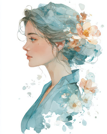 Captivating portrait of a woman in profile, adorned with floral elements. This soft watercolor illustration highlights grace, beauty, and tranquility in art.の素材