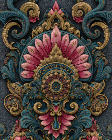 This artwork showcases an intricate floral design featuring vibrant colors and detailed patterns. Ideal for backgrounds, art projects, or design inspiration.の素材
