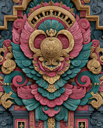 Explore an intricate and colorful design featuring ornate patterns and decorative elements. This vibrant artwork showcases craftsmanship and artistic expression.の素材