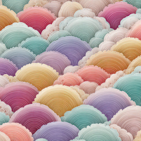 This image showcases an intricate pattern of colorful abstract waves in soft pastel shades. The gentle curves create a soothing and harmonious visual experience.の素材