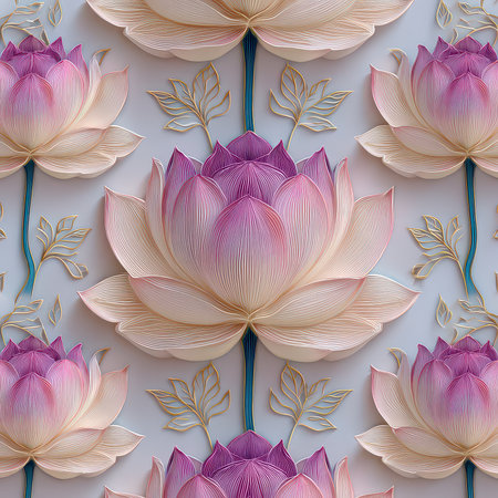 This stunning illustration features a detailed pattern of pink and purple lotus flowers, offering a serene and vibrant aesthetic perfect for decorative purposes.の素材