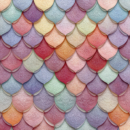 This image showcases an abstract design featuring colorful scales in soft pastel shades, perfect for backgrounds, textiles, and artistic projects.の素材