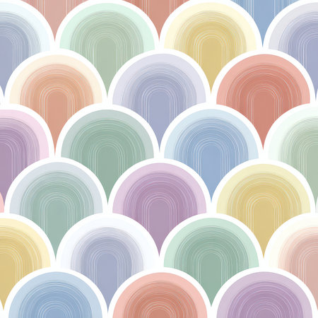 This vibrant scalloped pattern features a blend of pastel colors on a clean white background, perfect for various creative projects and modern decor.の素材