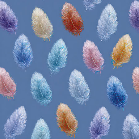 This charming design features a variety of colorful feathers scattered over a soft blue background. Perfect for textile and wallpaper applications, this artwork adds a vibrant touch.の素材