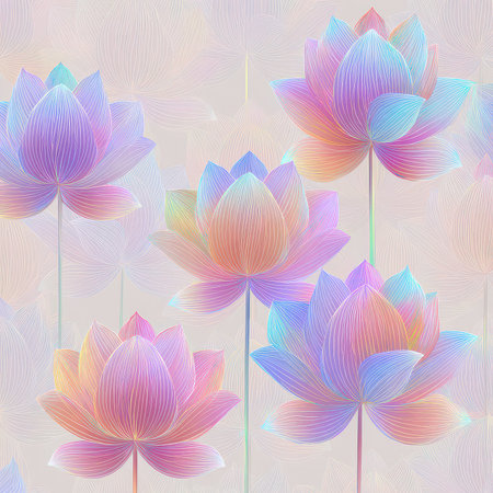 A stunning illustration of colorful lotus flowers showcasing gradient hues against a soft background. Ideal for artistic and nature-themed projects.の素材