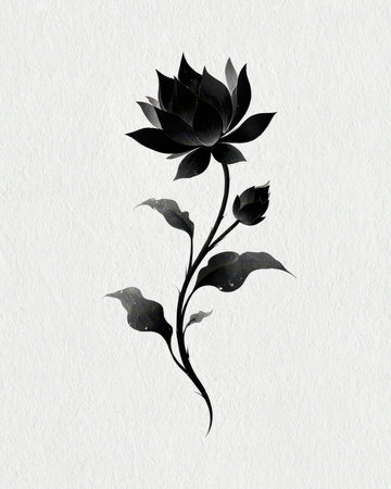 An elegant illustration of a black lotus flower set against a subtle textured background. This minimalistic design evokes beauty and tranquility, perfect for various decor styles.の素材
