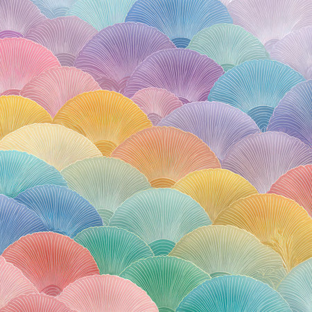 A vibrant abstract pattern showcasing stylized fan shapes in soft pastel tones. This artwork reflects creativity and elegance, perfect for various design projects.の素材