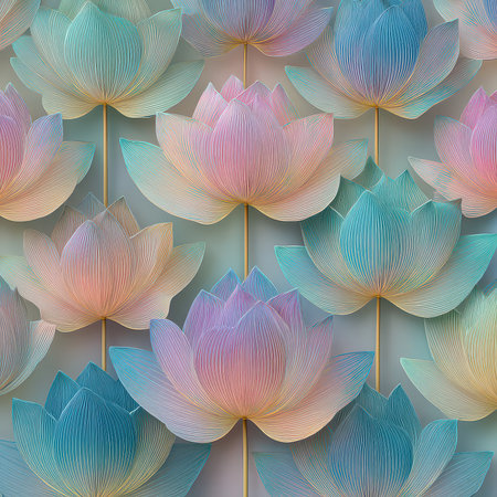 A stunning arrangement of colorful lotus flowers in soft pastel shades. The symmetrical design creates a peaceful atmosphere, perfect for any creative project.の素材