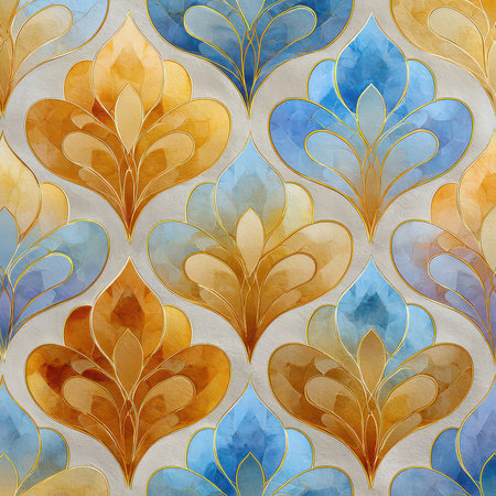 This elegant floral pattern features colorful leaves in blue and orange tones, set against a soft background, perfect for art, decoration, and textiles.の素材