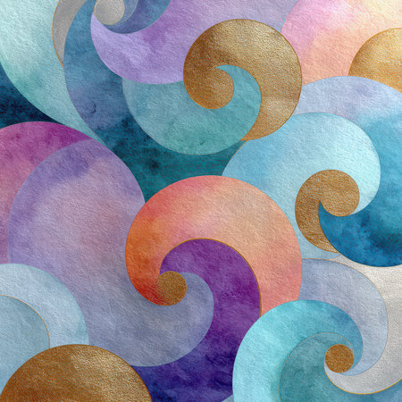 An artistic background featuring colorful waves and spirals. This vibrant design showcases a harmonious blend of shapes and textures, perfect for creative projects.の素材