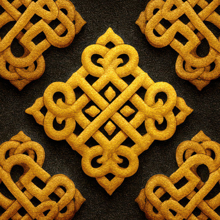 This stunning artwork showcases intricate gold geometric patterns set against a rich black background, exuding elegance and artistic flair. Perfect for creative projects.の素材