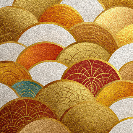 This vibrant abstract design features geometric patterns with golden accents and bold colors, creating a visually stunning backdrop for any creative project.の素材