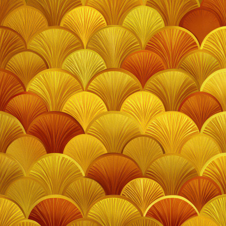 This vibrant background design features an artistic fan pattern in rich gold and orange tones. Ideal for decor, textiles, and creative projects, it adds warmth and elegance.の素材