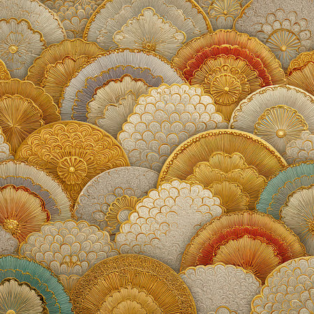 This artwork features an intricate pattern of colorful fans, enriched with golden accents that create a stunning decorative background full of elegance.の素材