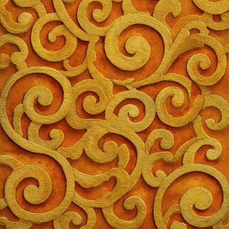 Explore this intricate gold swirl pattern on a warm orange background. The elegant design adds a touch of artistry and sophistication, perfect for various creative projects.の素材