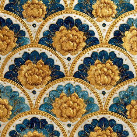 Discover an elegant floral pattern featuring vibrant blue and rich gold accents. This intricate design is perfect for adding a touch of luxury to any space.の素材