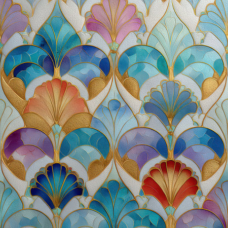 Discover a stunning Art Deco inspired pattern featuring vibrant colors and intricate shapes. Perfect for adding elegance to various design projects.の素材