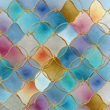Vibrant geometric pattern featuring a watercolor design with golden outlines, perfect for backgrounds or artistic projects. Eye-catching and elegant.の素材
