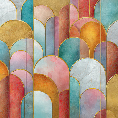 This colorful abstract artwork features elegant arches adorned with gold accents, showcasing a blend of pastel hues. Perfect for modern interiors or creative projects.の素材