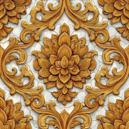 This stunning close-up showcases an intricate golden floral pattern design with textured details, perfect for enhancing any creative project or interior design themes.の素材