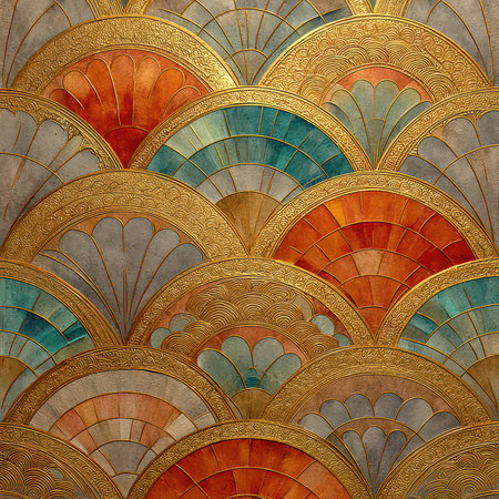 Beautiful vintage design featuring colorful fan motifs with gold accents. The intricate patterns create a stunning visual effect, perfect for artistic projects.の素材