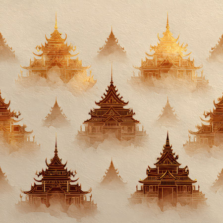 Discover a stunning composition of ornate golden pagodas shrouded in mystical fog, creating a serene and tranquil atmosphere perfect for design and art projects.の素材