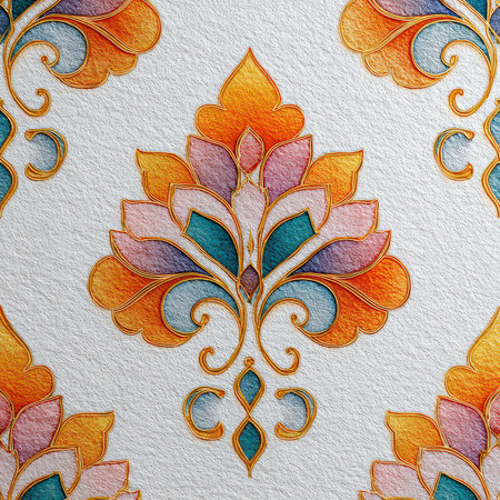 An intricate floral pattern featuring bright pastel shades that evoke elegance and creativity. Perfect for decorative purposes, digital design, or wallpapers.の素材