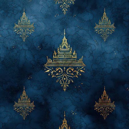 Discover an elegant blue and gold pattern featuring intricate decorative elements, perfect for backgrounds, textiles, or art projects. A stunning visual delight!の素材