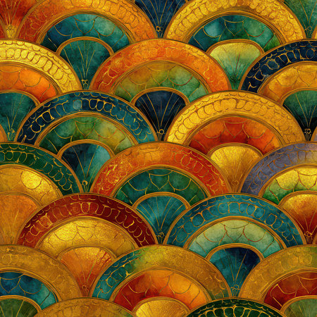 Stunning colorful patterns featuring fan shapes and golden elements create a vivid and elegant design. Ideal for artistic backgrounds and decorative projects.の素材