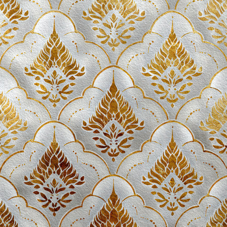 Beautiful and intricate pattern featuring gold and silver elements on a fabric background. Ideal for design, wallpaper, or luxurious dの素材