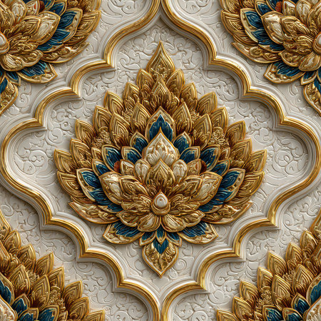 This image features an intricate floral motif design combining gold and vibrant colors, showcasing exceptional craftsmanship and elegance, perfect for decor.の素材