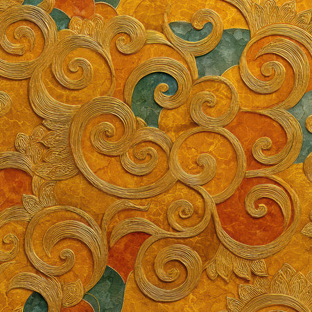 Vibrant and intricate swirl pattern featuring gold and warm colors on a textured background. Perfect for artistic designs, wallpapers, and creative projects.の素材