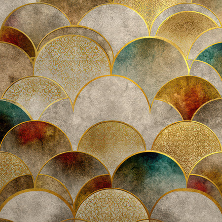 Intricate decorative pattern featuring curves and elegant colors, ideal for backgrounds or wallpapers. This artwork combines luxury with artistic flair, perfect for home decor.の素材