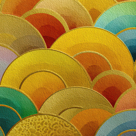 This vibrant abstract artwork features layered circular patterns in various colors and textures, creating a joyful and playful visual experience, perfect for modern design projects.の素材