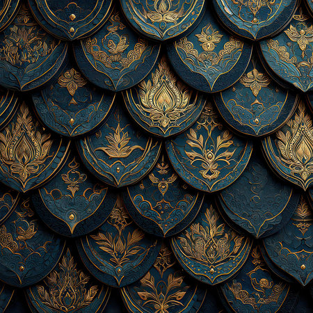 Discover a captivating arrangement of blue and gold shields adorned with intricate floral designs. This artwork embodies elegance and traditional craftsmanship, perfect for various creative projects.の素材