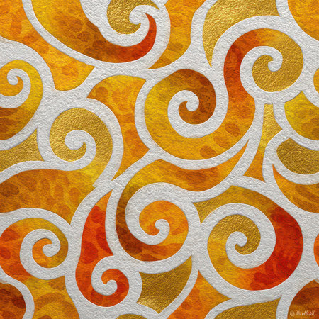 Discover a stunning abstract design featuring elegant golden swirls over a warm blend of orange and yellow hues. Perfect for various creative uses.の素材