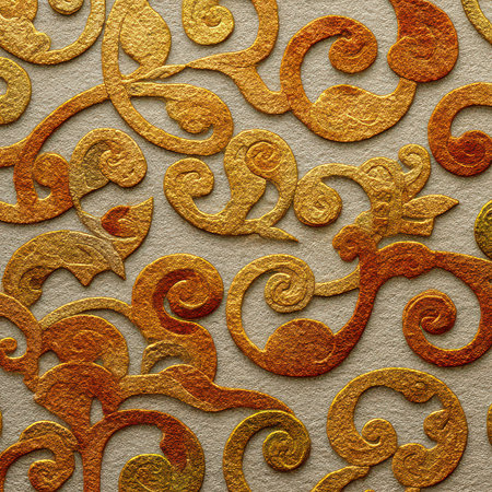 This stunning decorative pattern features intricate gold and bronze swirls on a textured background, perfect for enhancing any artistic project or design.の素材