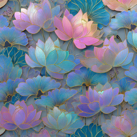 A vibrant and elegant floral background featuring intricate lotus flowers in various hues. Perfect for designs, crafts, and nature-themed projects.の素材
